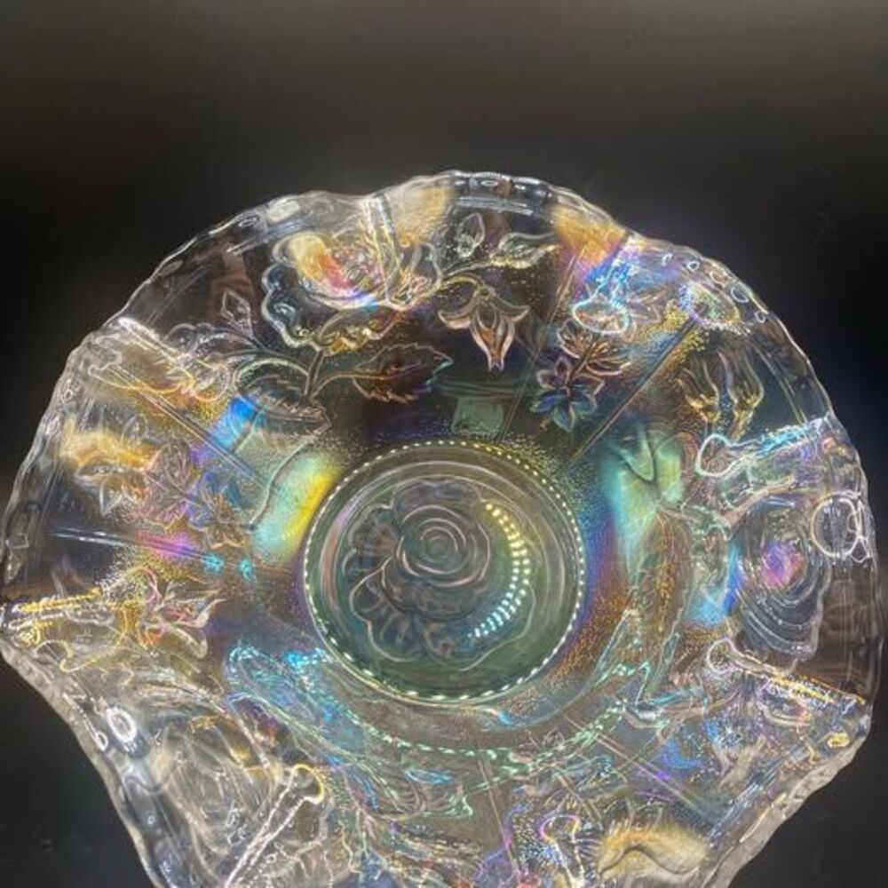 Vintage 1970s LE Smith Lustre Rose Carnival Glass Ruffled Bowl — Signed